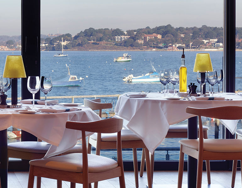 View out onto Poole Harbour from Rick Stein restaurant in Sandbanks, Dorset